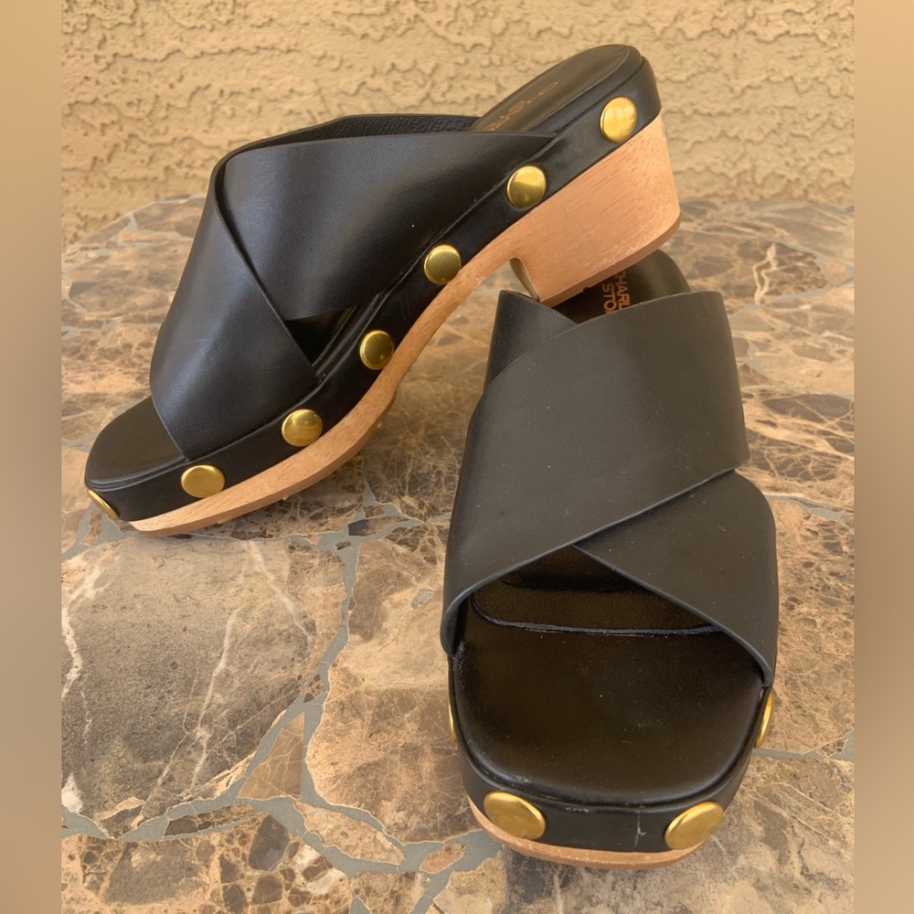 Charlotte Stone Black Leather Wooden Clog Platform Heel Sandal - Picture 2 of 12